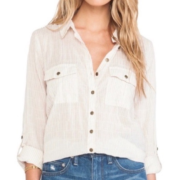 Free People Cream Striped Button Down Shirt with See Through Floral Back - Picture 2 of 12